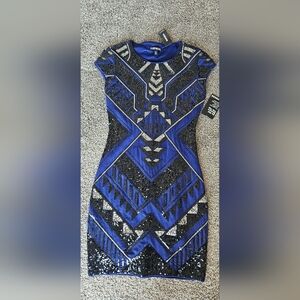 Express Blue and Black Sequin Mini Dress
